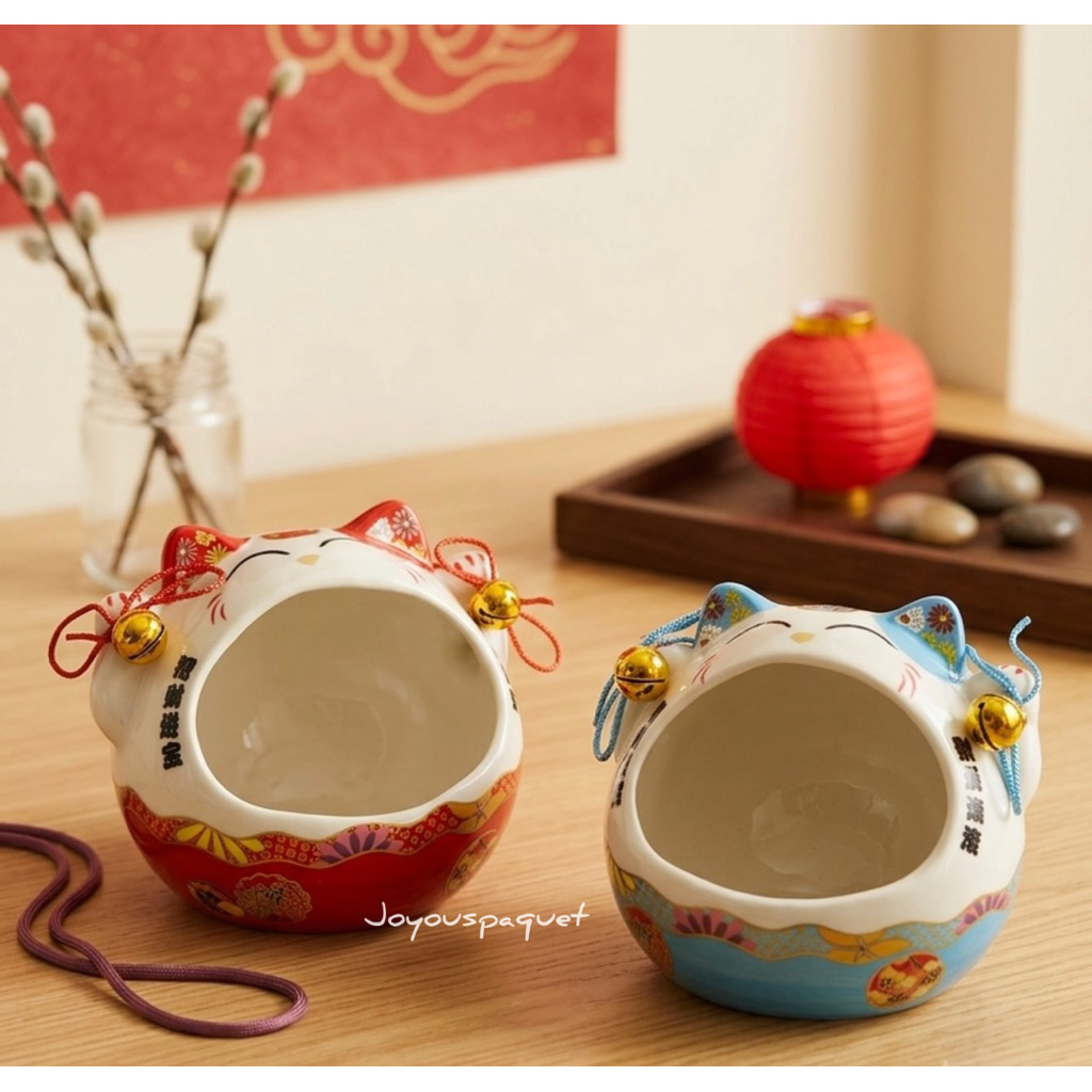(13CM) Pajangan kucing keberuntungan keramik tempat permen / Maneki Neko / Lucky Cat kucing hoki dek