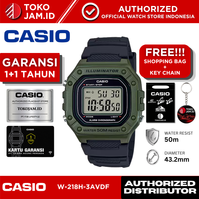 Casio W-218H-3AVDF Digital Army Green Sport Resin LED Alarm Stopwatch WR 50M Jam Tangan Unisex