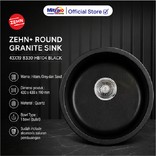 Bak Cuci Piring Meja Dapur Zehn+ Round Granite Sink 43x19 cm Minimalis Mewah Washtafel - Variasi Bla