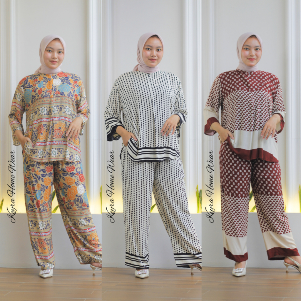 Keyra Pajamas Kulot One Set Kemeja Lengan 7/8 Rayon Motif Busui Nyaman Adem Baju Celana Panjang