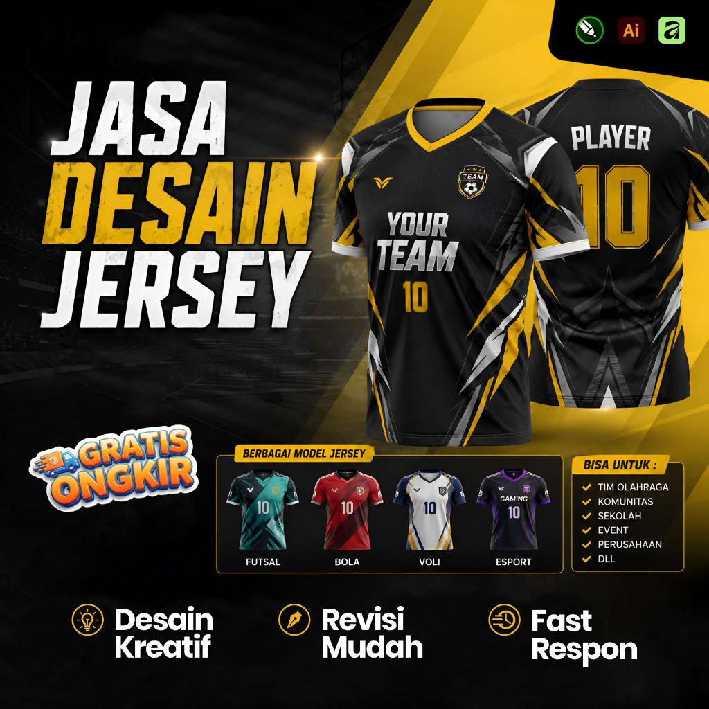Jasa Desain Jersey Custom Pasang Nama Logo Komunitas Event Futsal Bola Voli Basket Esport