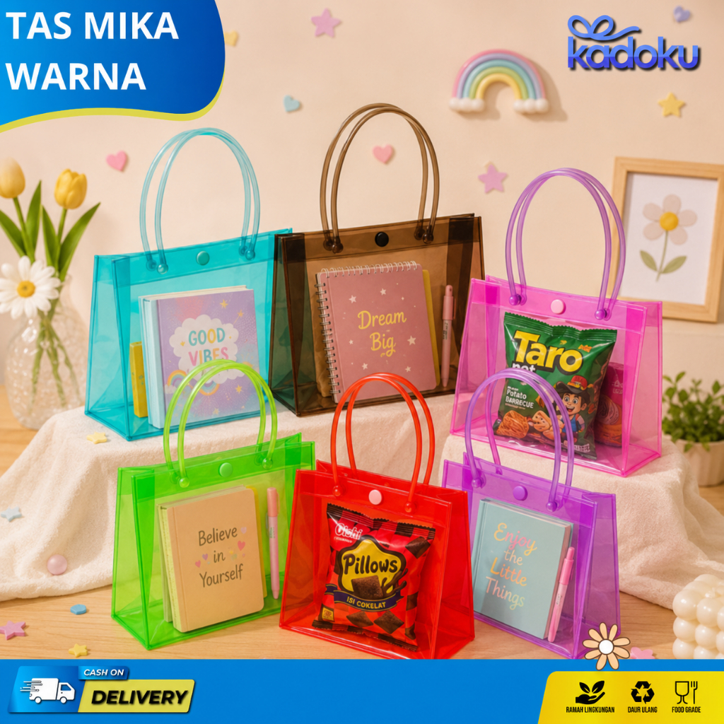Tas Mika PVC / Tas Mika PVC Transparan / Tas Bening Transparan Hampers / Goodiebag Transparan Bening