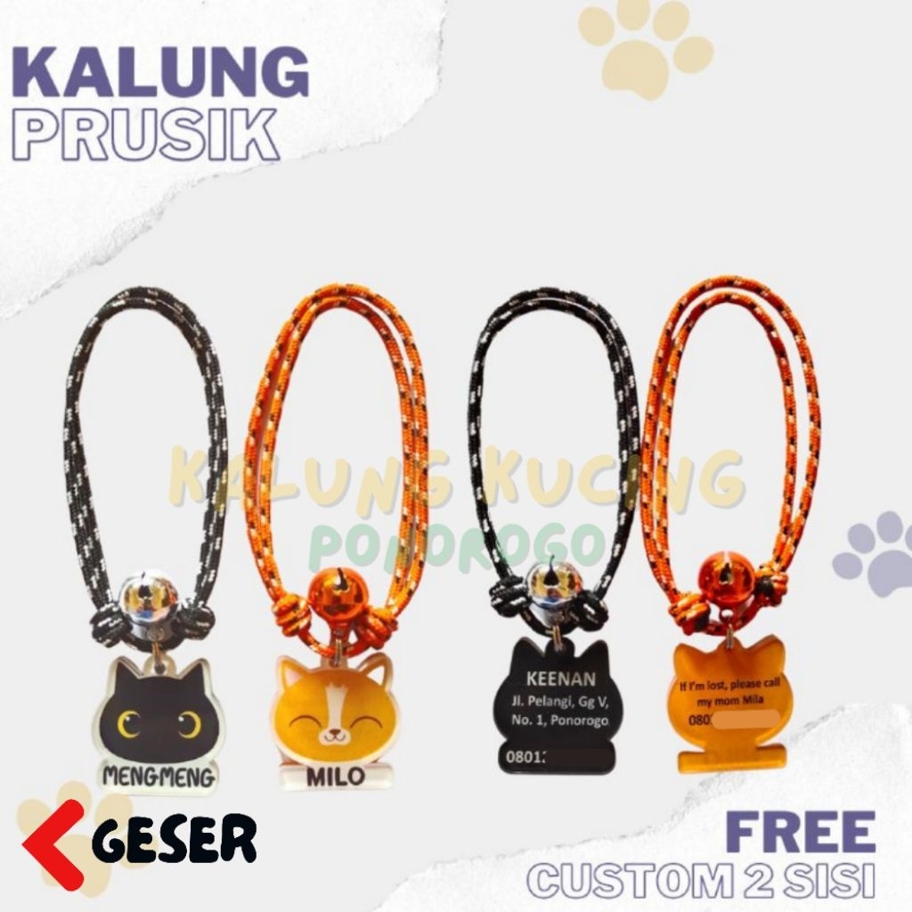 KALUNG KUCING CUSTOM NAMA AKRILIK 2 SISI TALI PRUSIK RINGAN DAN NYAMAN