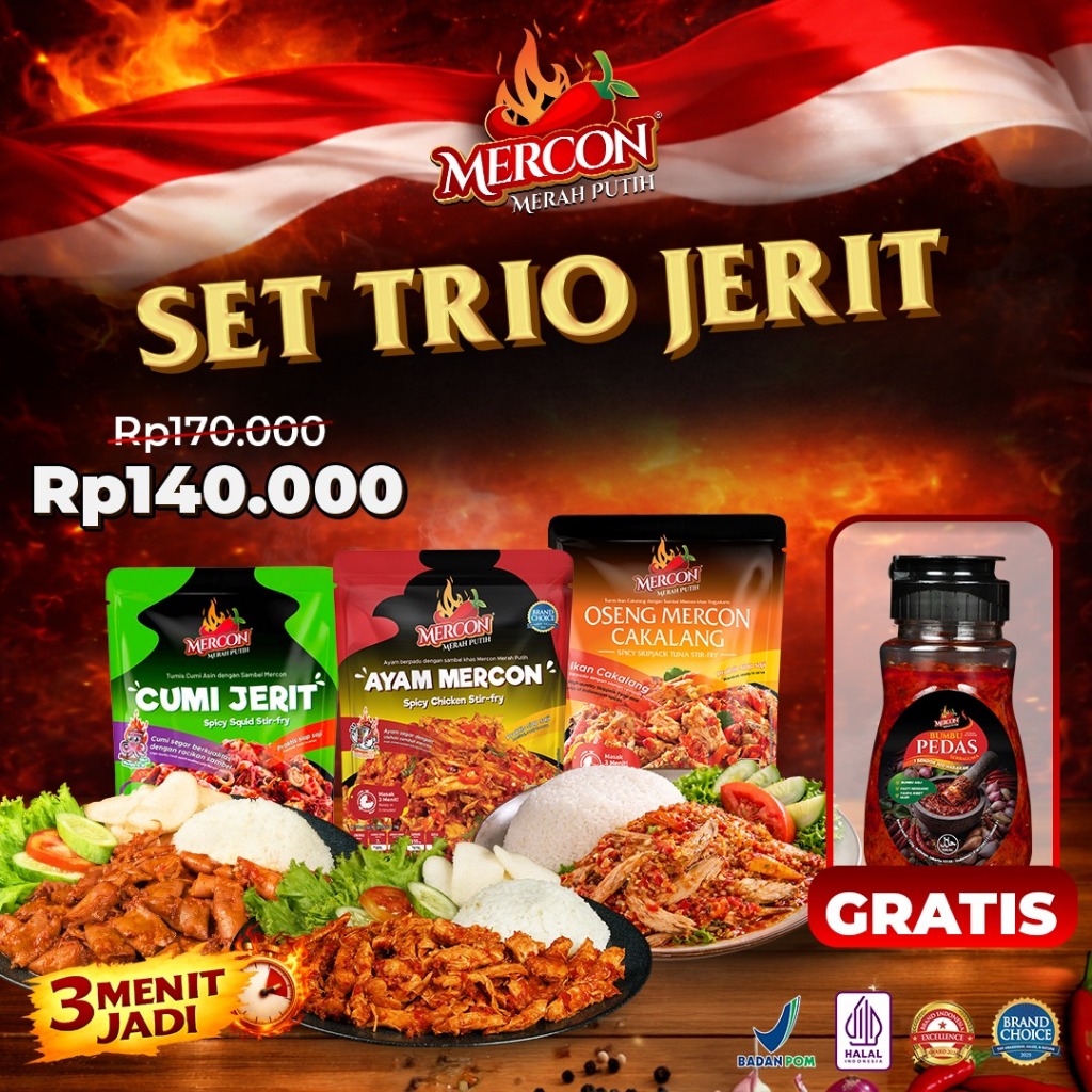 [LEBIH HEMAT] Mercon Merah Putih - Set Trio Jerit (Ayam Mercon + Cumi Jerit Sambal Mercon + Oseng Me