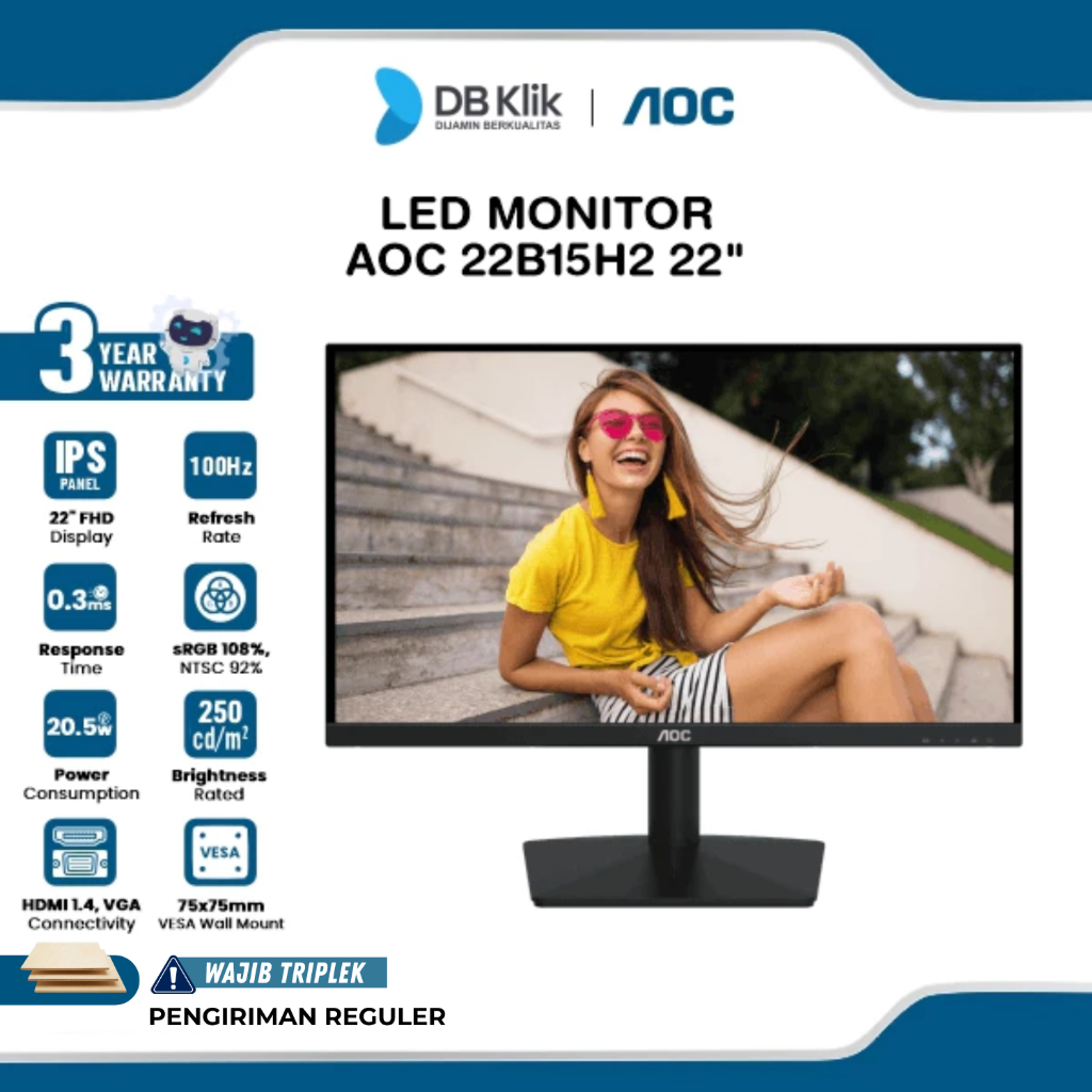 AOC LED Monitor 22B15H2 22" IPS FHD 100Hz 4ms Adaptive Sync HDMI VGA
