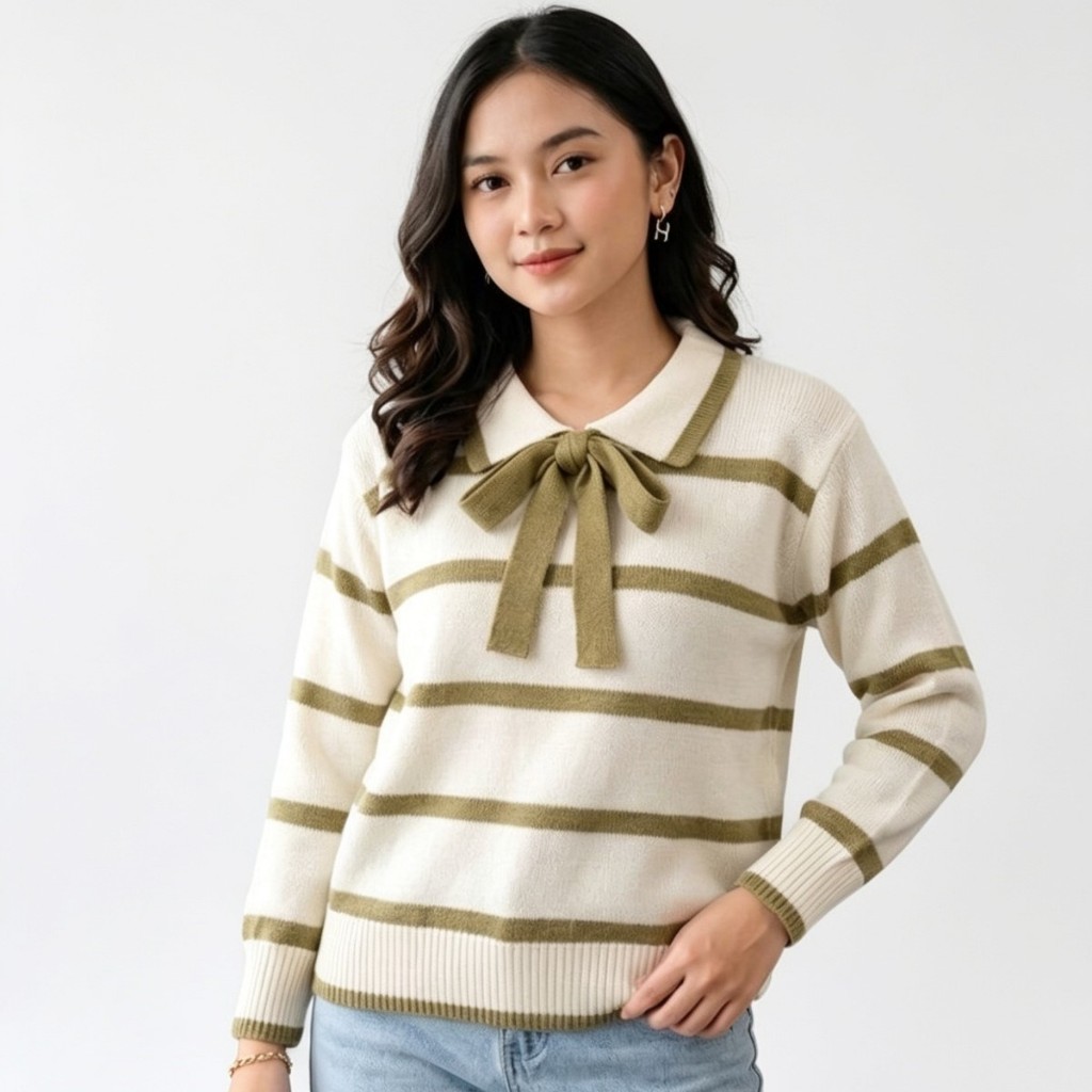 Ottd Sweater Rajut Aura Blouse Model Tali Pita Desain Garis Garis