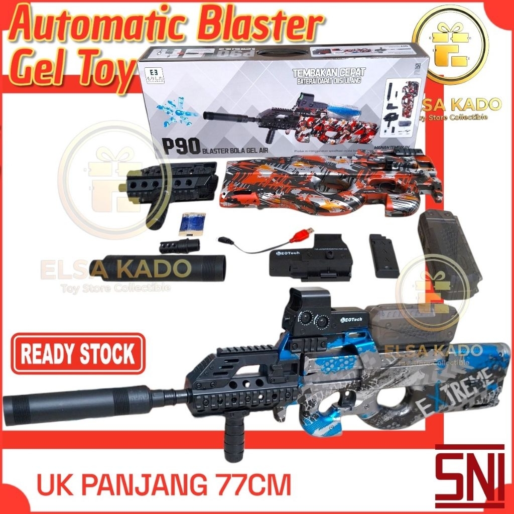 Mainan Anak Blaster P90 Elektrik Gel Ball Water Gel Elektrik Otomatis GRM DD-911 Merah Besar Edukasi