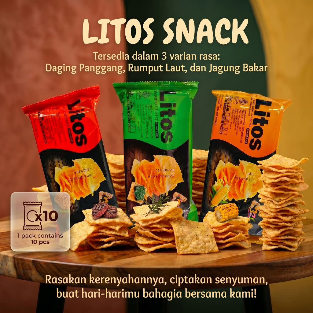 Litos Snack Renyah, 1 Pack isi 10 Pcs (28g), Cemilan Keripik Crispy,  3 Varian Rasa Rumput Laut, Jag