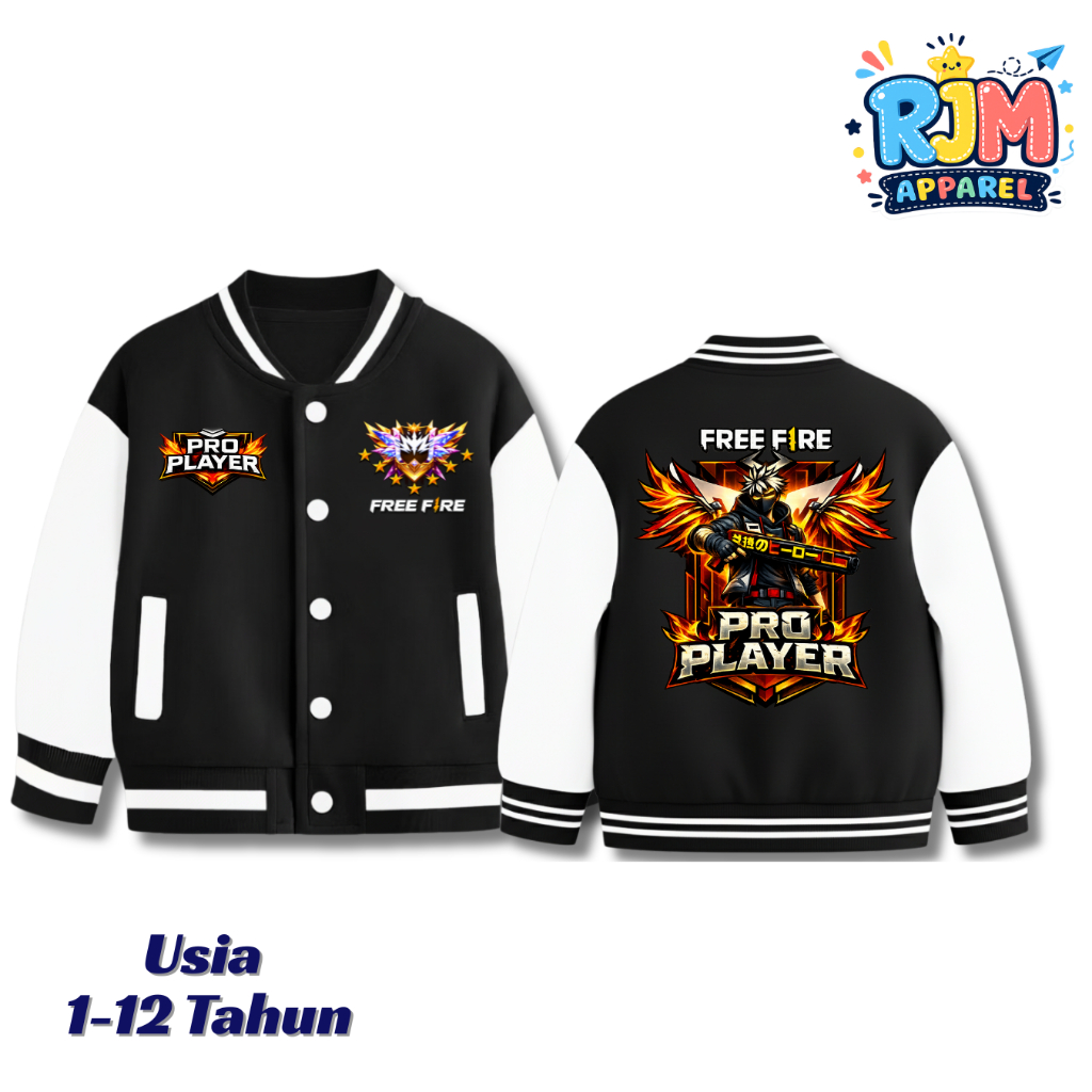Jaket Varsity Anak Free Fire FF Pro Player Premium Baseball Anak laki-laki perempuan Usia 1-12 Tahun