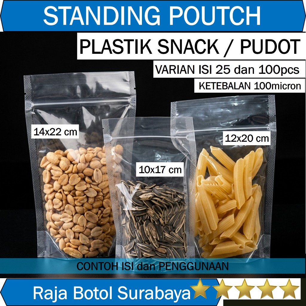25pcs 100pcs PLASTIK STANDING POUTCH BENING 10x17 12x20 14x22 Pouch wadah snack Pudot puding sedot c
