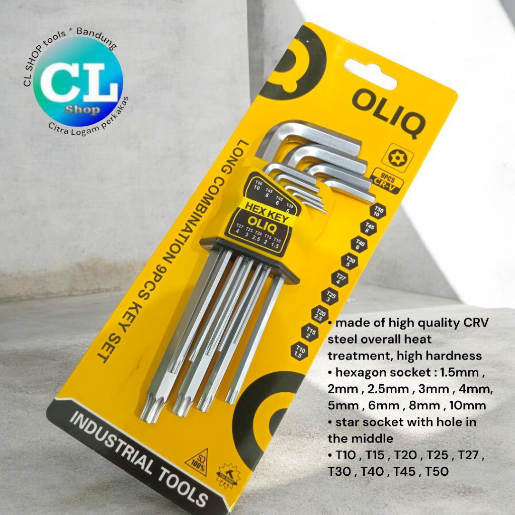 KUNCI L KOMBINASI PANJANG set 9pcs oliq bintang lubang & hex 9pc 2mm 2,5mm 3mm 4mm 5mm 6mm 8mm 10mm 
