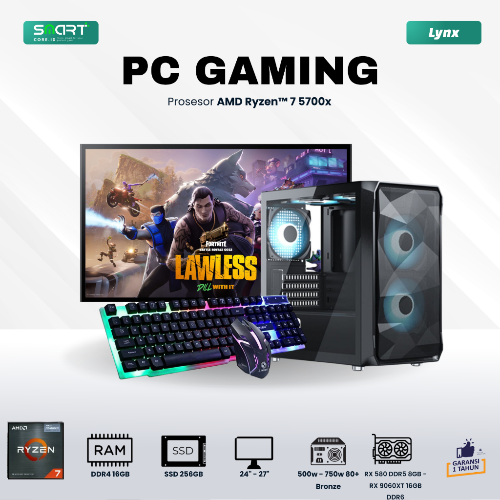SMART PC Fullset Rakitan Gaming Editing Rendering Amd Ryzen 7 5700X | RAM 16GB - SSD 256GB | Compute