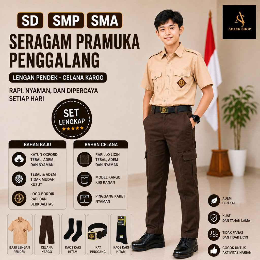 Setelan PDL Paket Seragam Pramuka SD SMP SMA SMK Celana PDL Cargo Baju Lengan Pendek