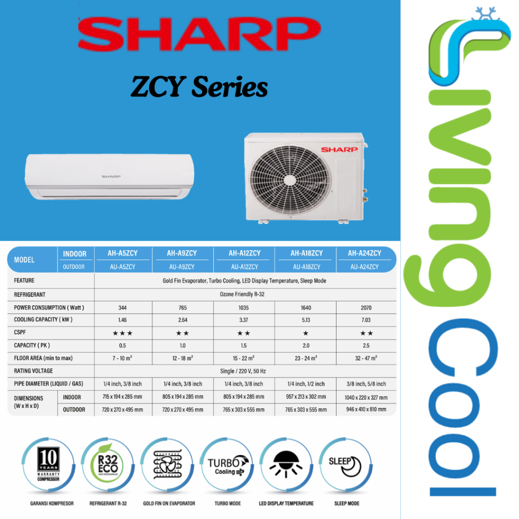 SHARP AC Standard China 1/2 Pk AH-A5ZCY Garansi free kirim karawang bekasi tangerang jakarta SKT
