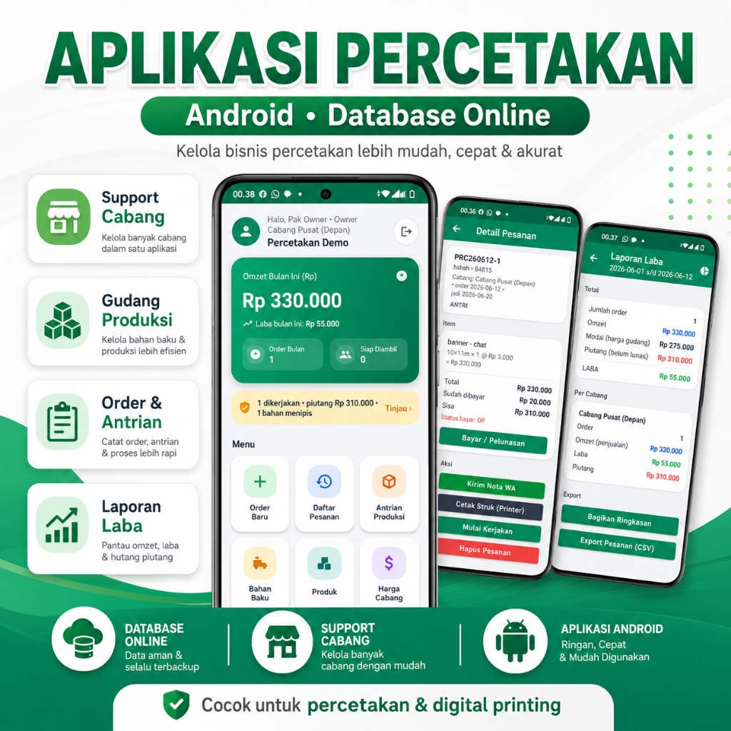 Aplikasi Percetakan Android Online Multi Cabang Gudang Produksi Kasir Order Laporan Laba