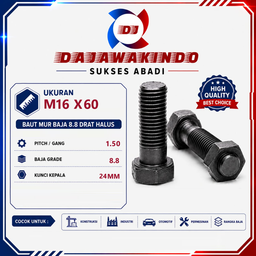 Baut Mur Baja 8.8 Drat Halus M16 x 60 MM / Baja 8.8 Drat Halus