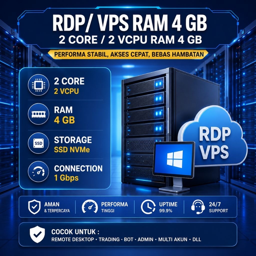 RDP/VPS RAM 4 GB / 2 Core / 2 VCPU Ram 4 GB