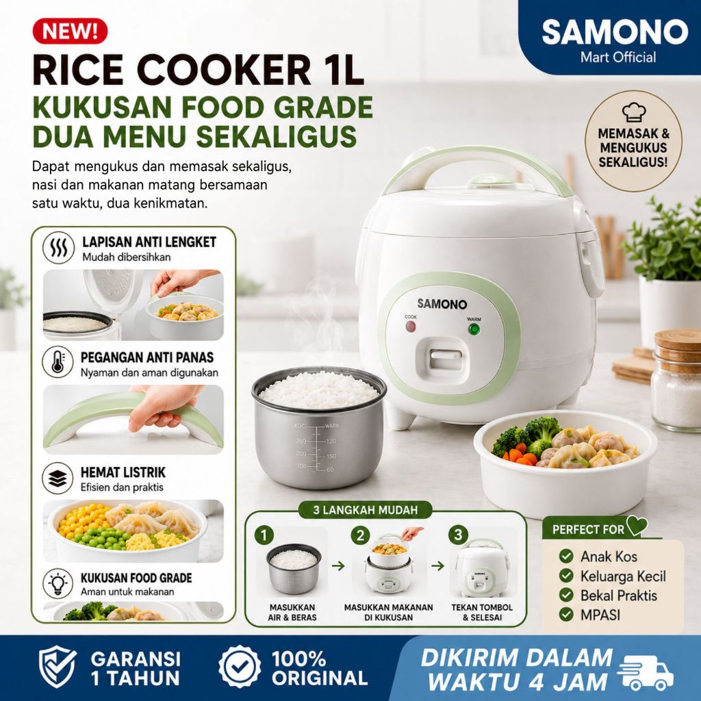 SAMONO Rice Cooker Mini Non Stick 3 Orang Magicom 1L Low Watt Penanak Nasi Pengukus Anti Lengket mag