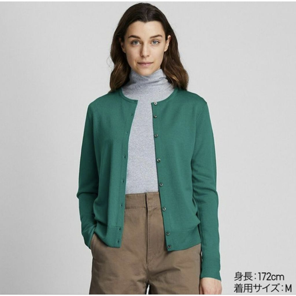 Cardigan uniqlo Women's Extra Fine Merino Wool Mark Crewneck  size XL Drak GREEN
