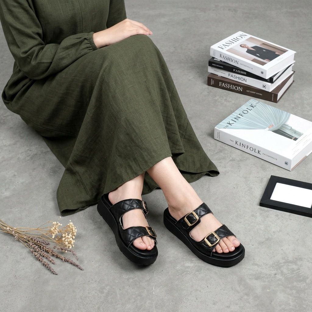 ELINKA Emboss Black Sendal Platform By Ceisya Mounira