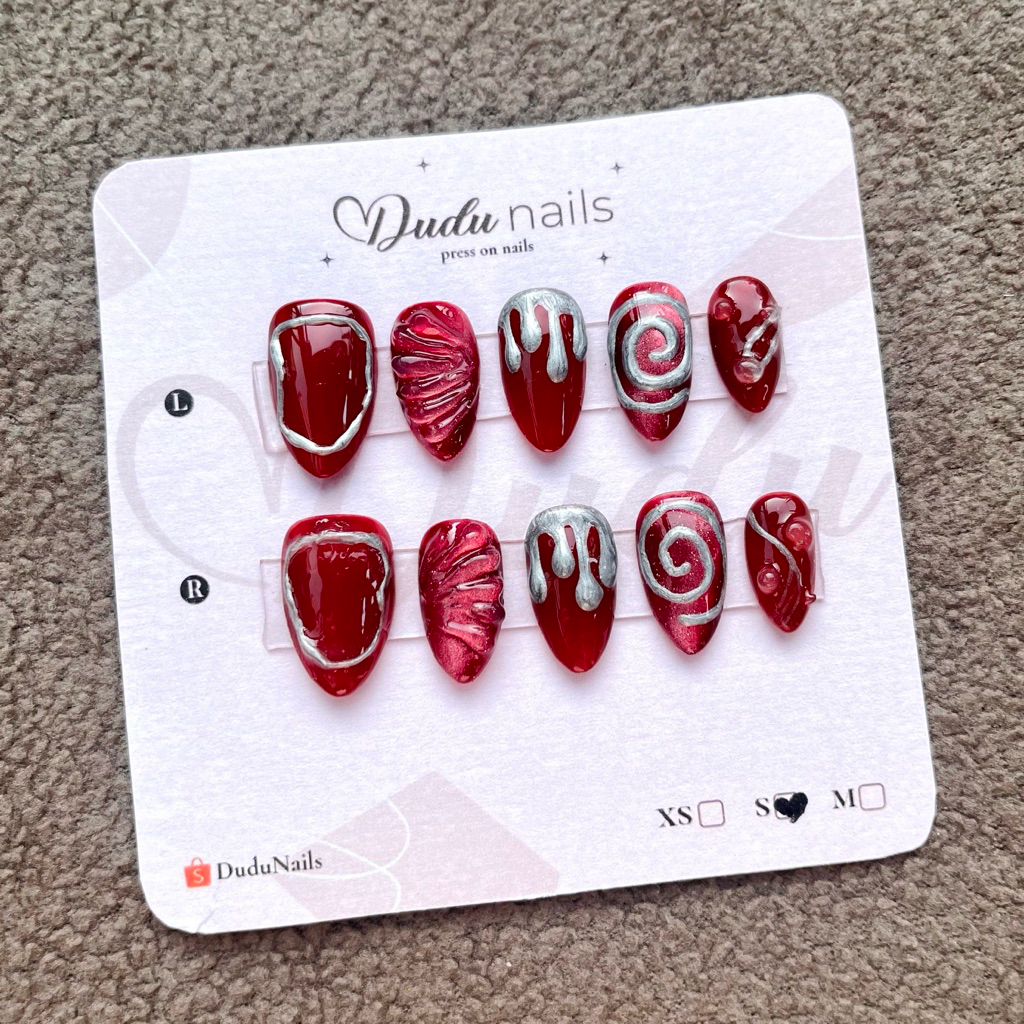 PRESS ON NAIL Y2K Cat Eye Maroon/Chrome 01 / Kuku Palsu Cat Eye Merah Maroon Silver Chrome 01