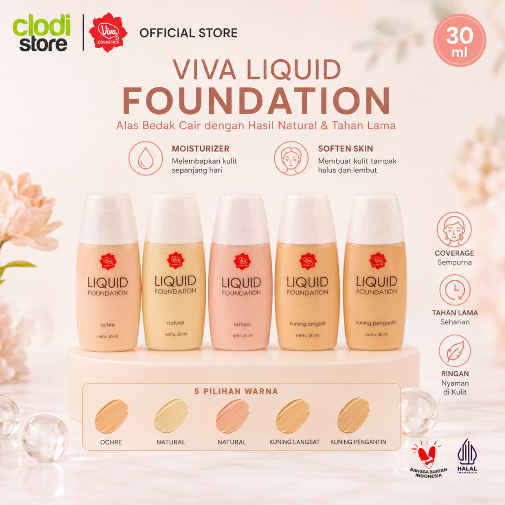 VIVA Liquid Foundation | Foundation Cair 30ml Alas Bedak Mangir Ochre Natural Pengantin Langsat