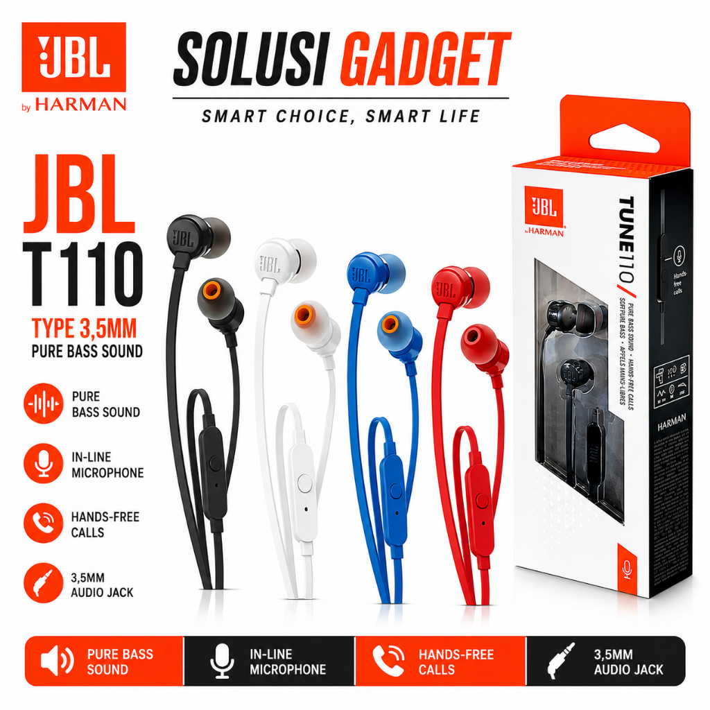 JBL T110 Earphone Kabel Type 3.5mm Original Pure Bass Sound  Mic HD
