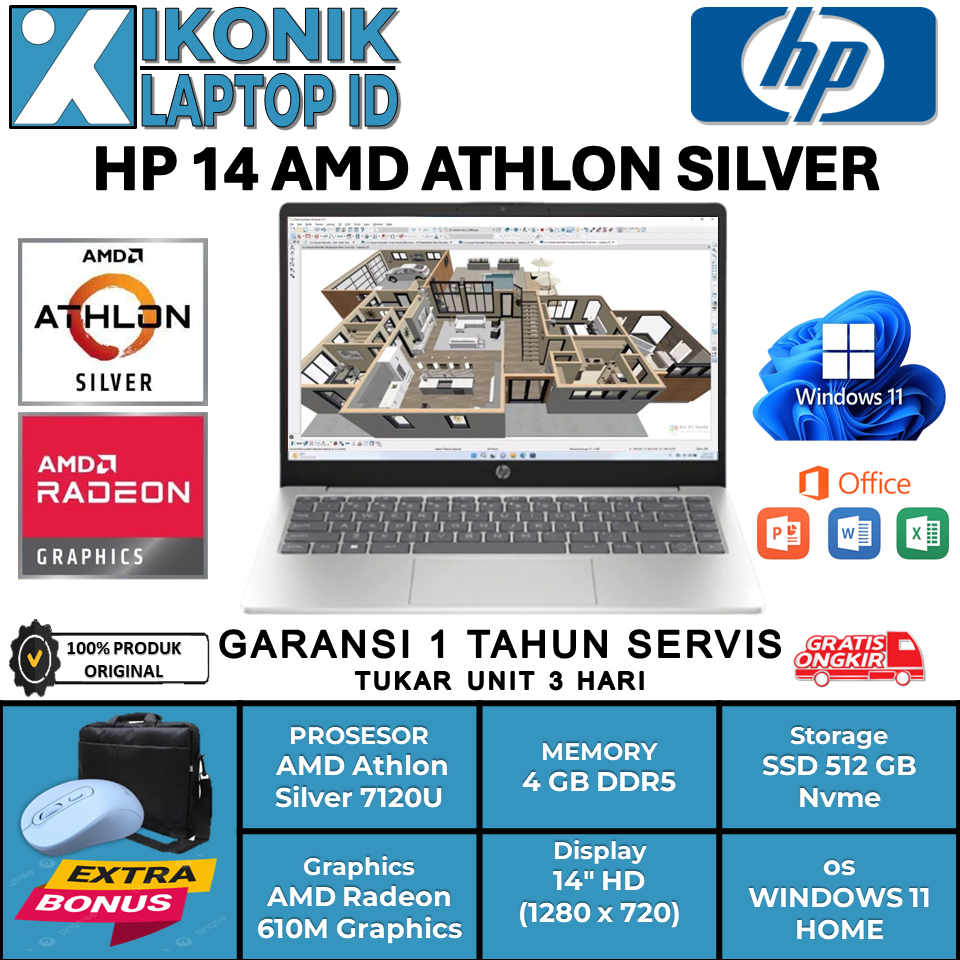Laptop Editing Desain Grafis HP 14 AMD Athlon Ssd 512 GB Nvme Window 11 Original Baru