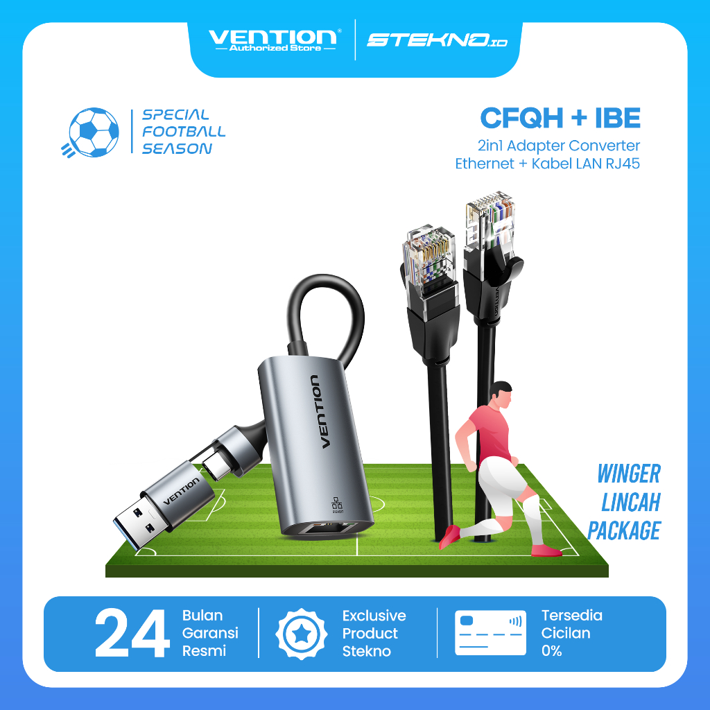 Vention Winger Lincah Package 2in1 Adapter USB C USB A to RJ45 Gigabit Ethernet + Kabel Lan Cat6 Hig
