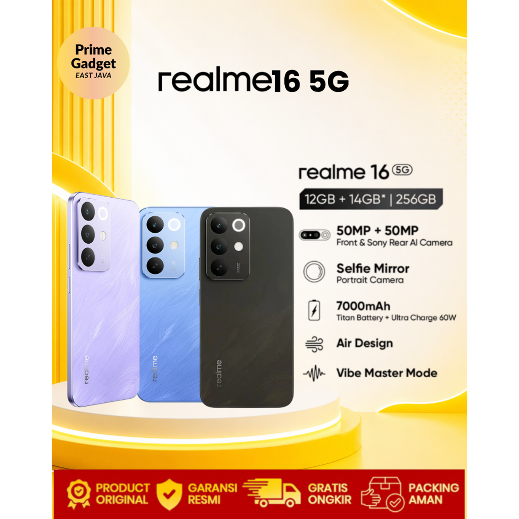 Prime Gadget - realme 16 5G 12GB/256GB Garansi Resmi Indonesia Original HP 5G Terbaru 7000mAh Batter