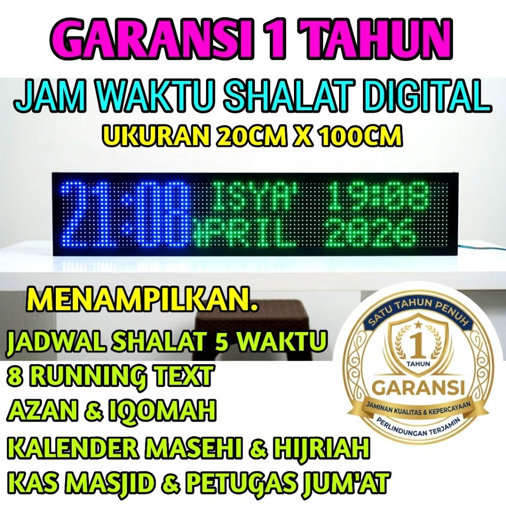 JAM DIGITAL MASJID UKURAN 100cm X 20cm, auto tartil