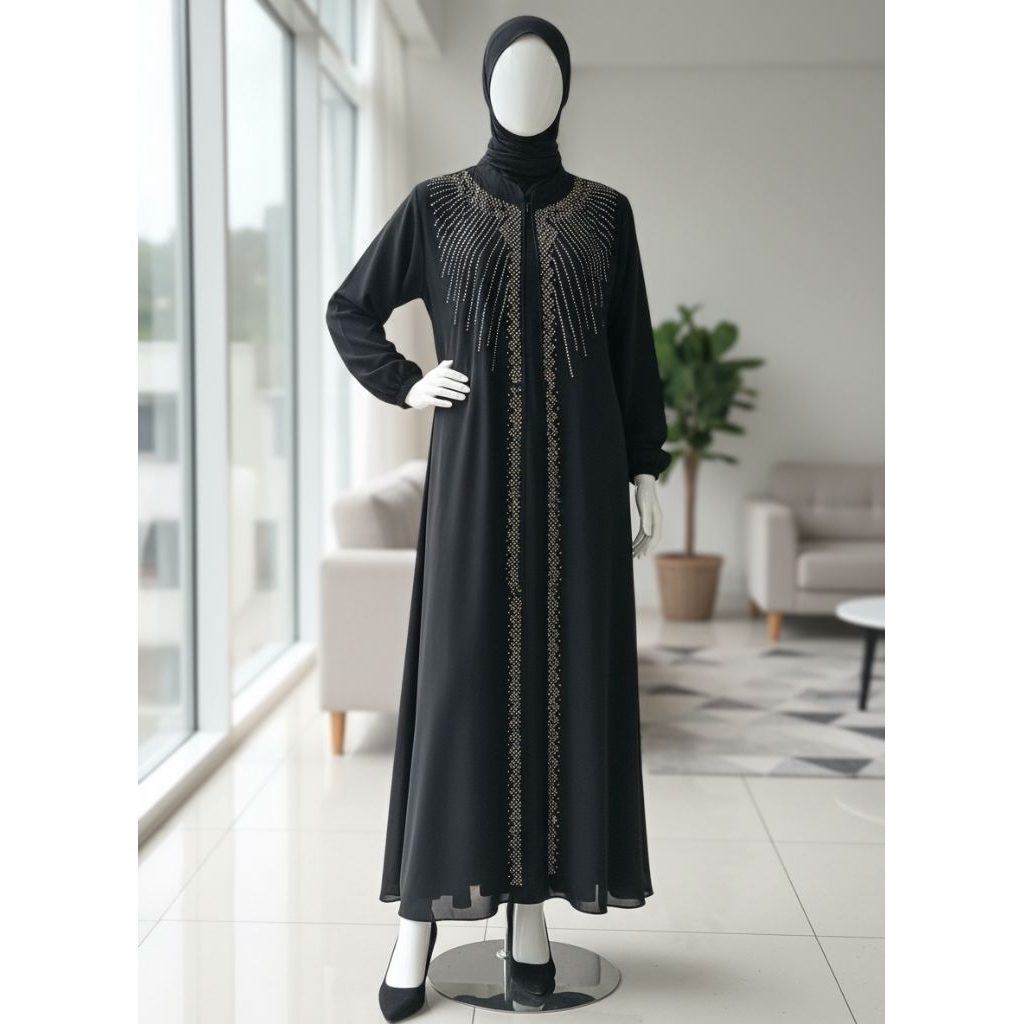 Gamis Abaya Ceruty Mix Swarovski - Dress Abaya Ceruty Baby Doll mix Swarovski - Gamis Buka Pintu Cer