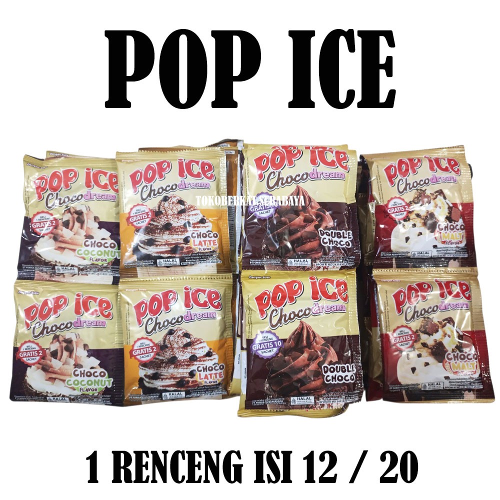 POP ICE CHOCO DREAM DOUBLE CHOCO / CHOCO MALT / CHOCO LATTE / CHOCO COCONUT  RENCENG ISI 12 / 20 SAC