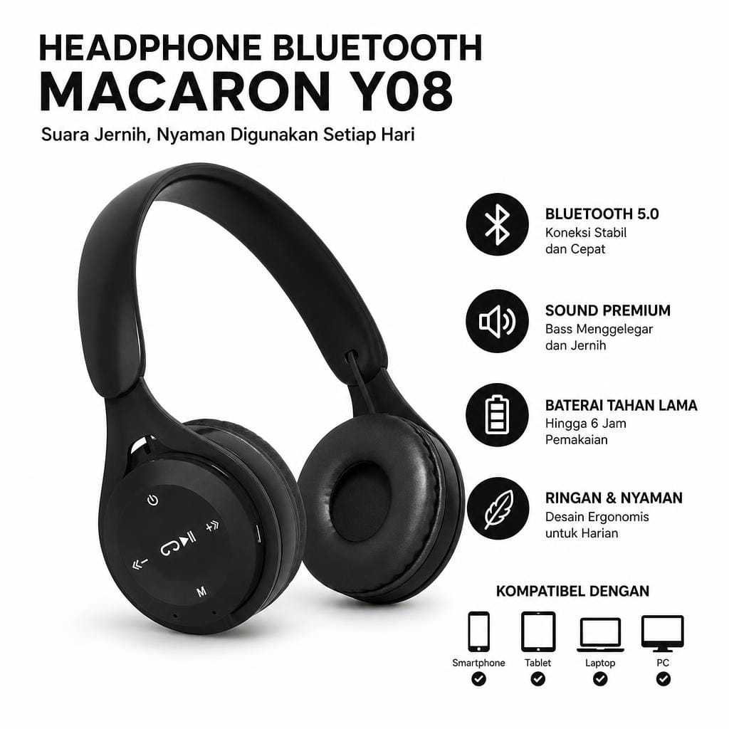 HEADSET BLUETOOTH BANDO MACARON Y08 WITH MIC WIRELESS SUPER BASS