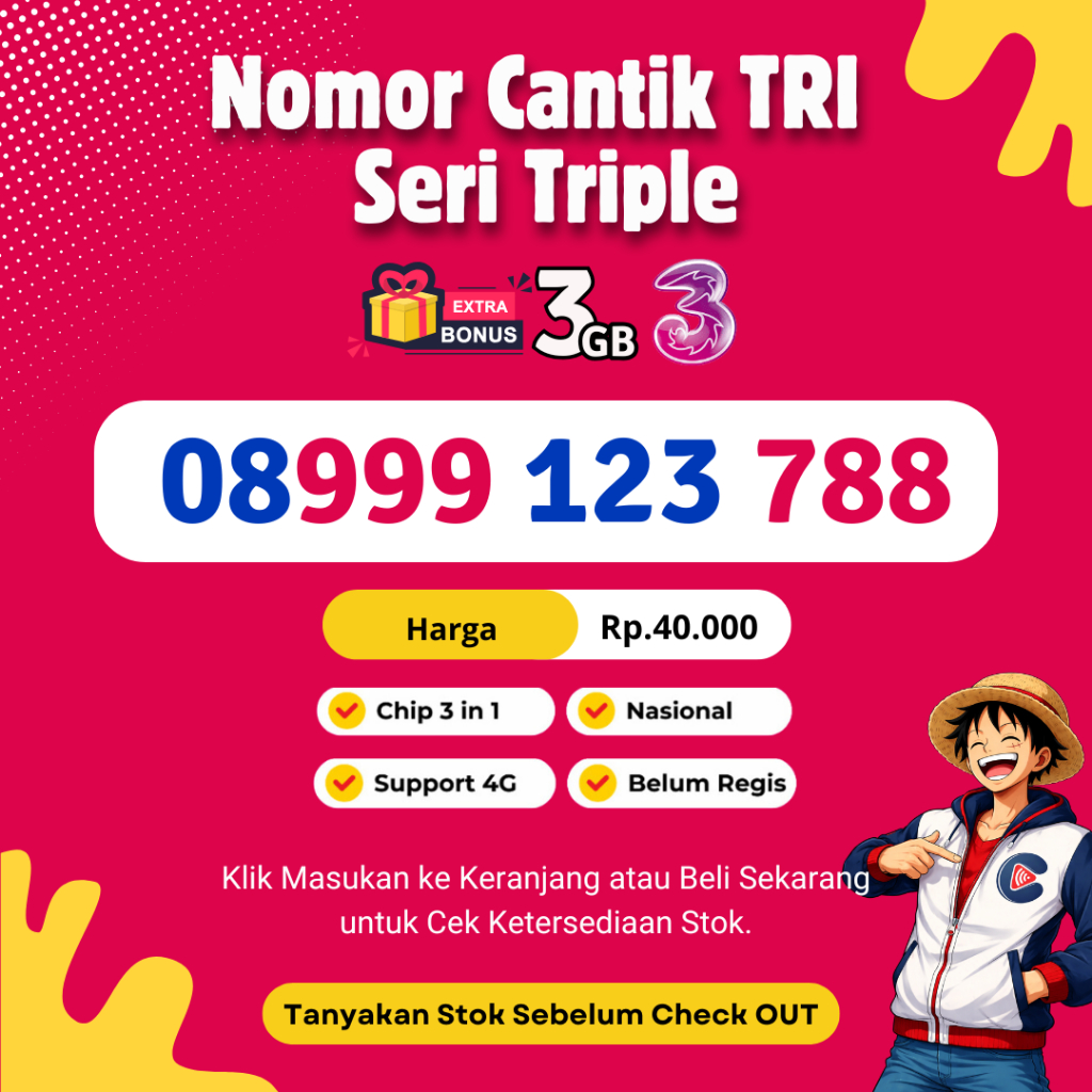 Kartu Perdana Cantik Tri Murah Rapi Seri Triple 9 11 DIGIT - Nocan Tri Support 4G LTE Bonus Kuota 3G