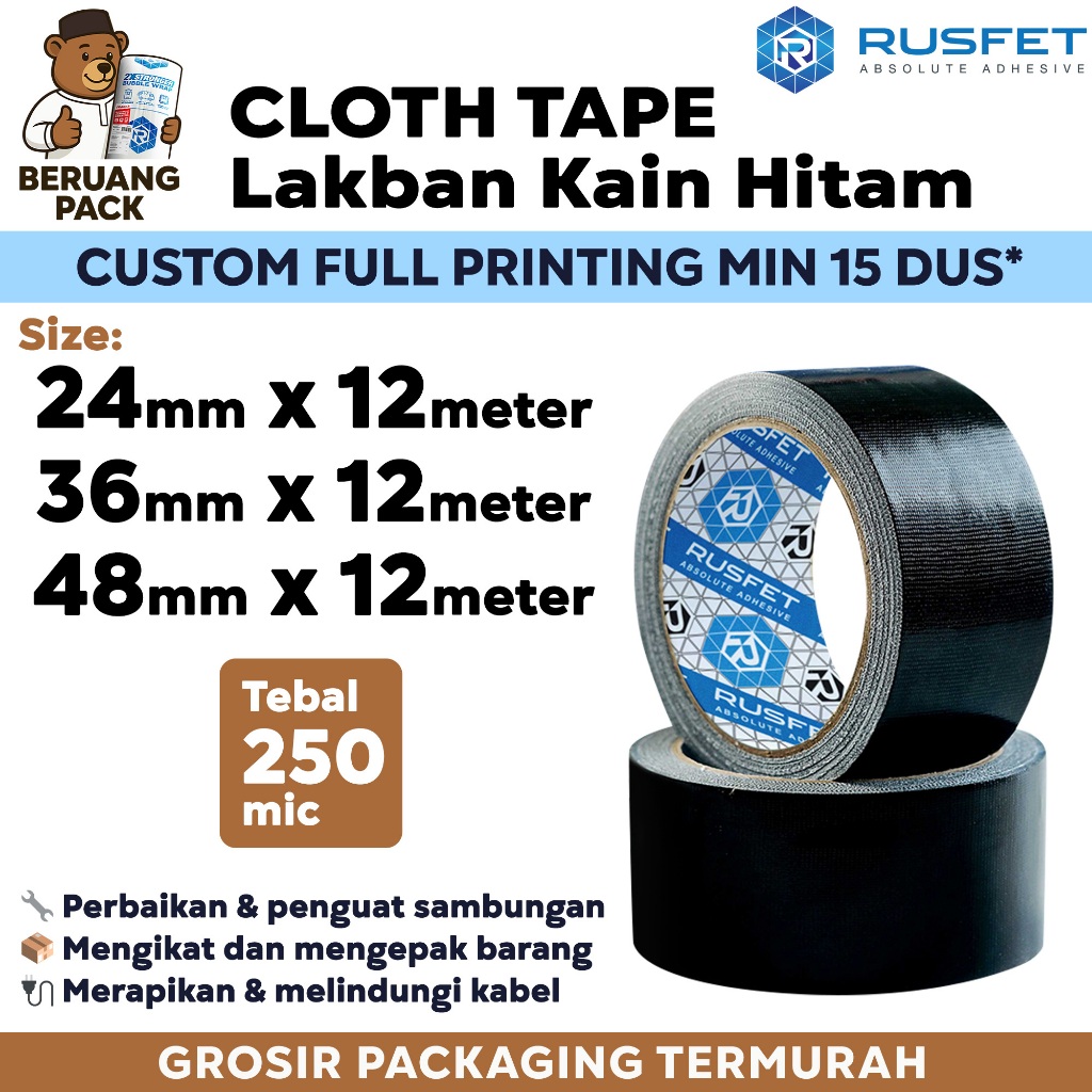 LAKBAN KAIN Cloth Tape Isolasi Kain Hitam Premium Rusfet Premium / SATUAN