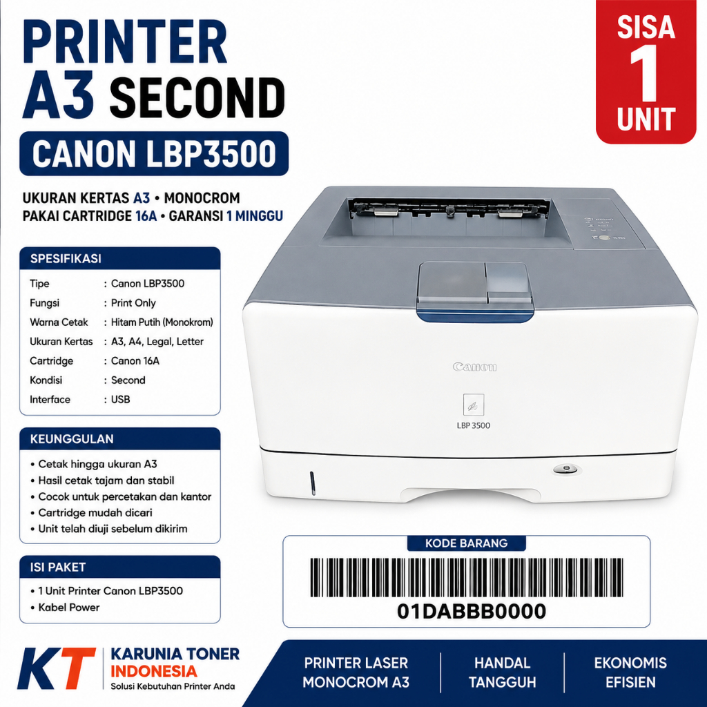 PRINTER A3 SECOND LBP 3500 UKURAN KERTAS A3 MONOCROM PAKAI CATRIDGE 16A GARANSI 1MINGGU (FREE PACKIN