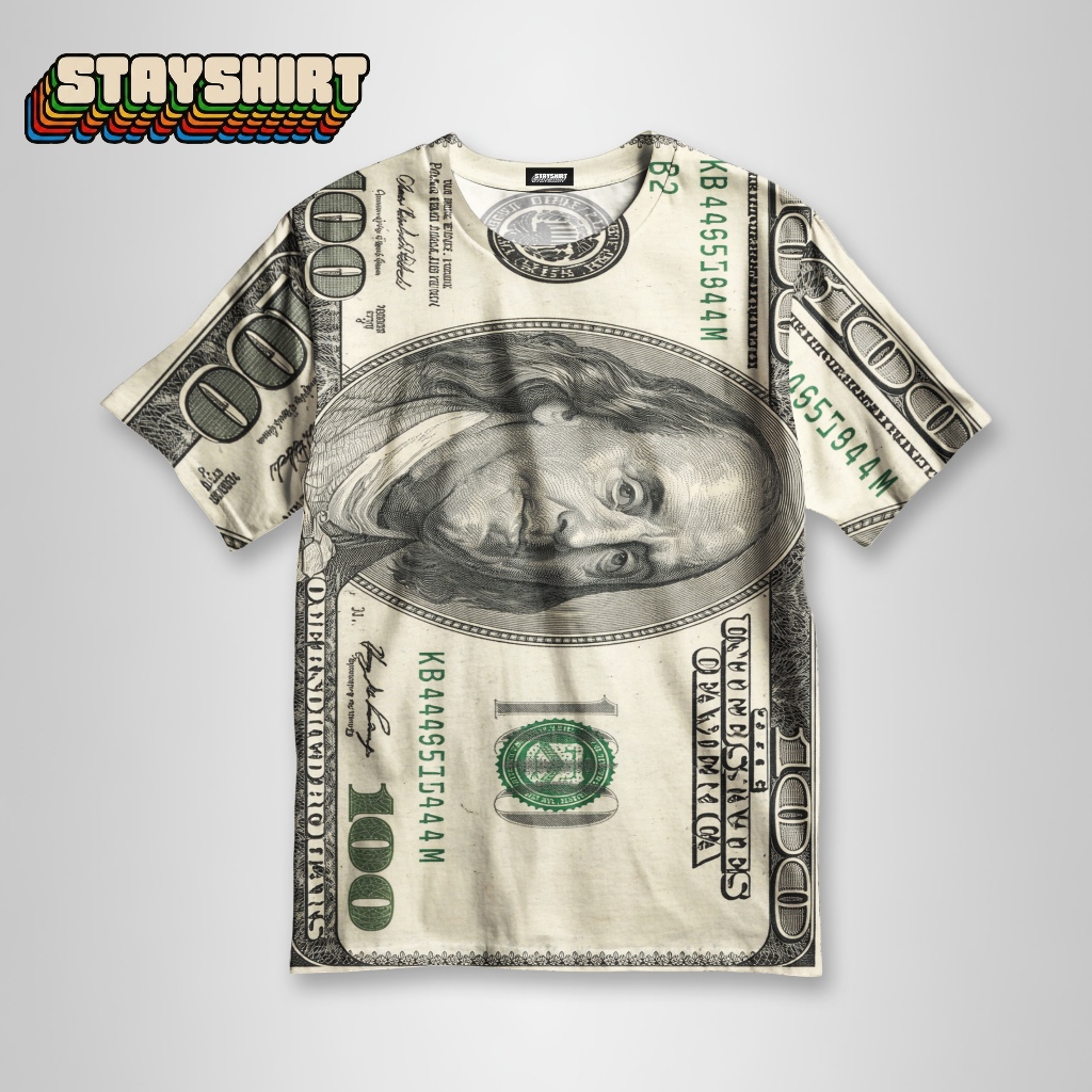 STAYSHIRT Kaos Full Print Pria Wanita Motif Uang Dollar 100 USD Harga Dollar Naik Baju Distro Esteti
