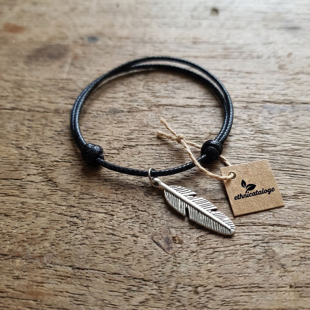 gelang tali hitam adjustable slide pria wanita liontin bulu besi silver