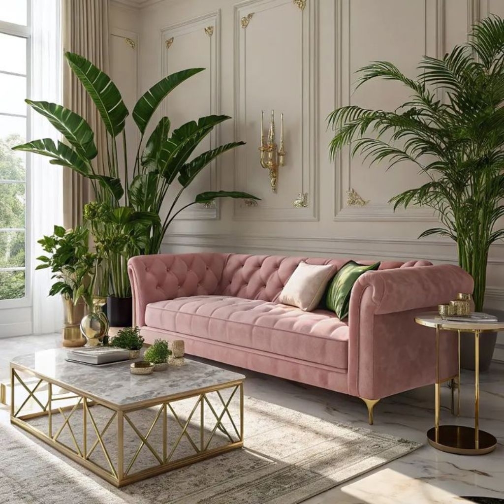 Sofa Chesterfield 3 seater Bludru Dusty pink Kaki Gold
