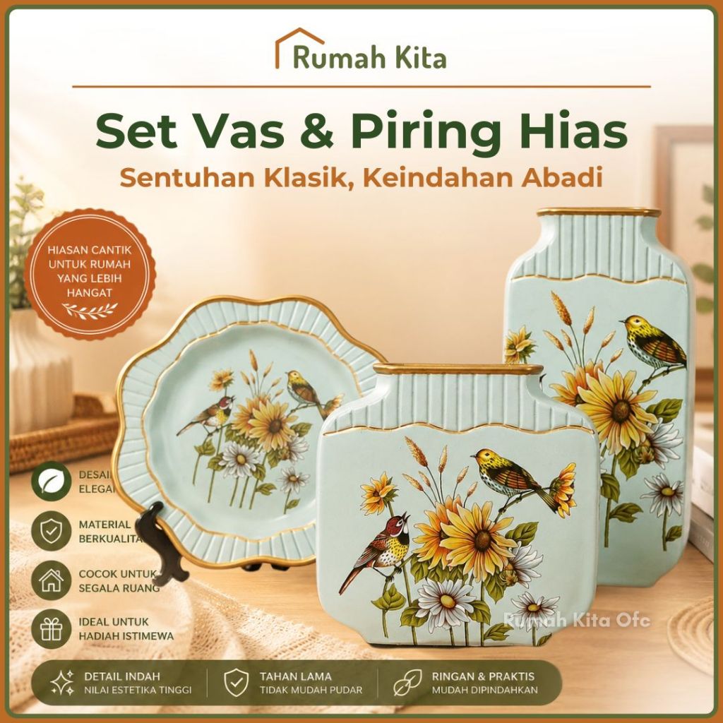 [COD] RUMAHKITA Pajangan Vas Bunga Piring Modern SET 3 PCS Keramik Hiasan Guci Meja Ruang Tamu Dekor