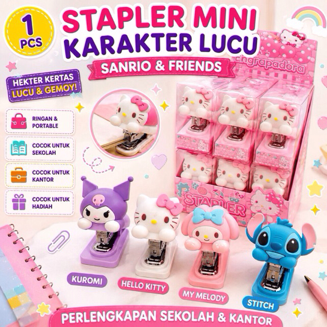 CRAFTERIE Stapler Karakter Lucu Sanrio & Friends | Hello Kitty Kuromi Stitch My Melody | Staples Min