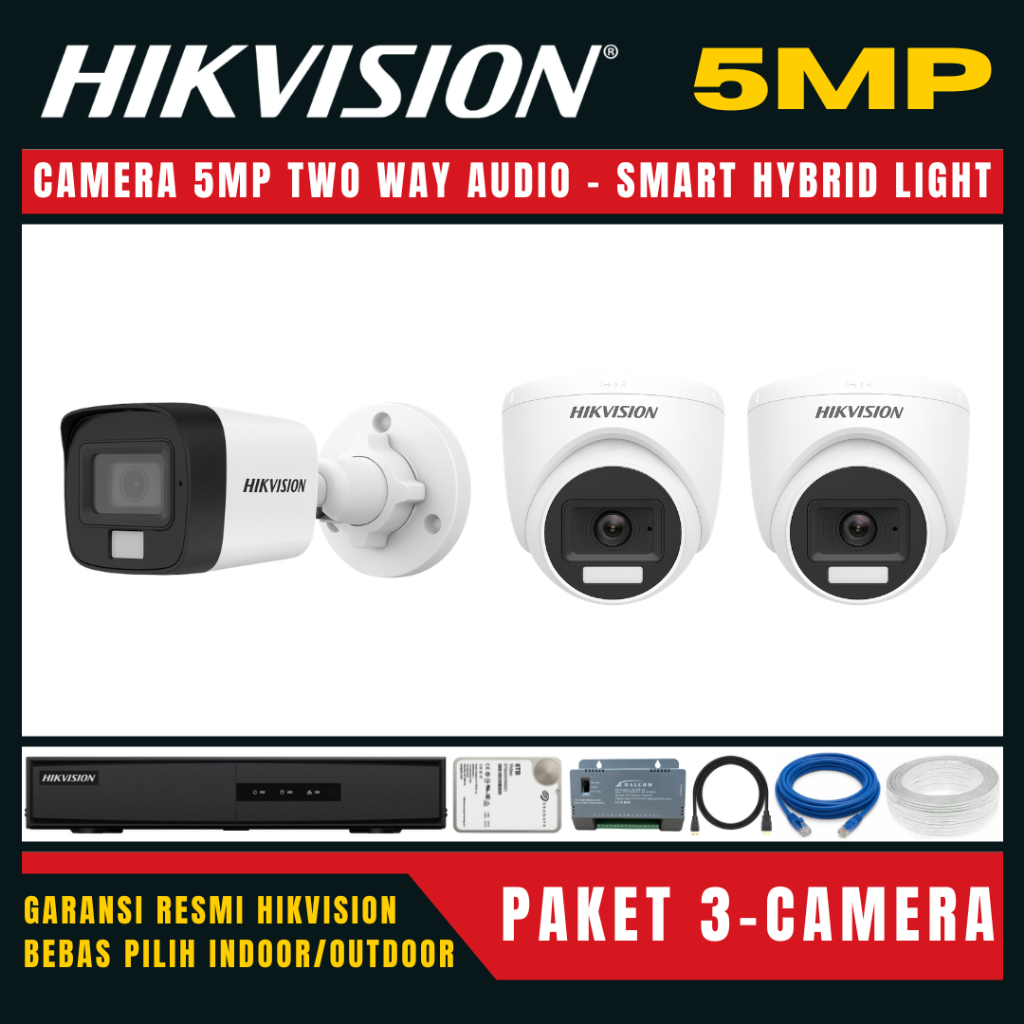 Paket cctv hikvision 5mp two way audio 4 channel 3 kamera paket cctv lengkap