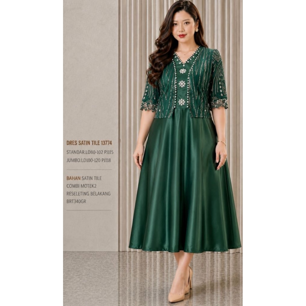 DRES WANITA TERBARU BAHAN SATIN KOMBINASI KAIN TILE