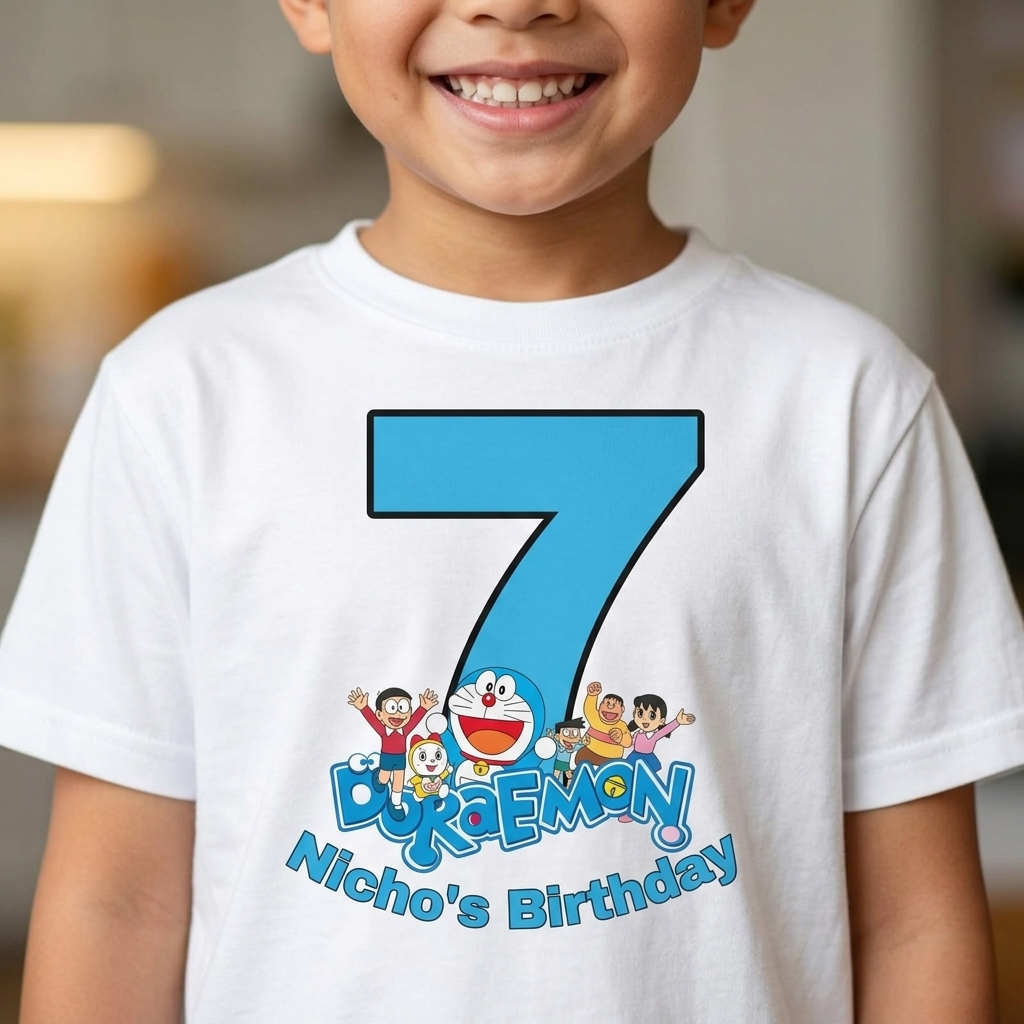 Kaos birthday angka DORAEMON and friends couple keluarga Semi Katun