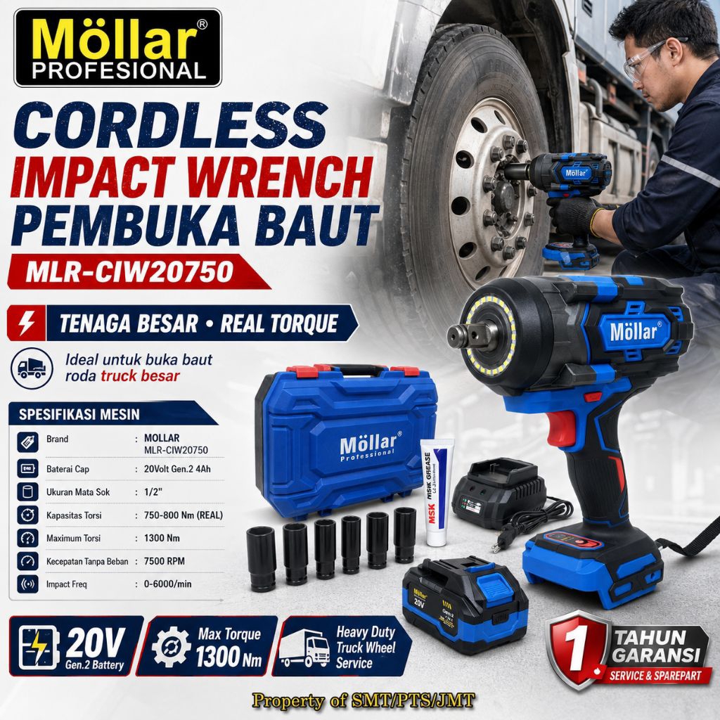 MOLLAR CIW20750 IMPACT WRENCH 20V CORDLESS 750NM GEN 3 ALAT BUKA BAUT BATERAI CIW 20750 HEAVY DUTY T