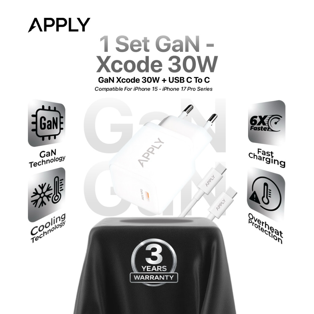 Apply - 1 Set GaN XCode 30W + Cable C to C 60W For IPHONE 15 16 17 Series Fast Charging