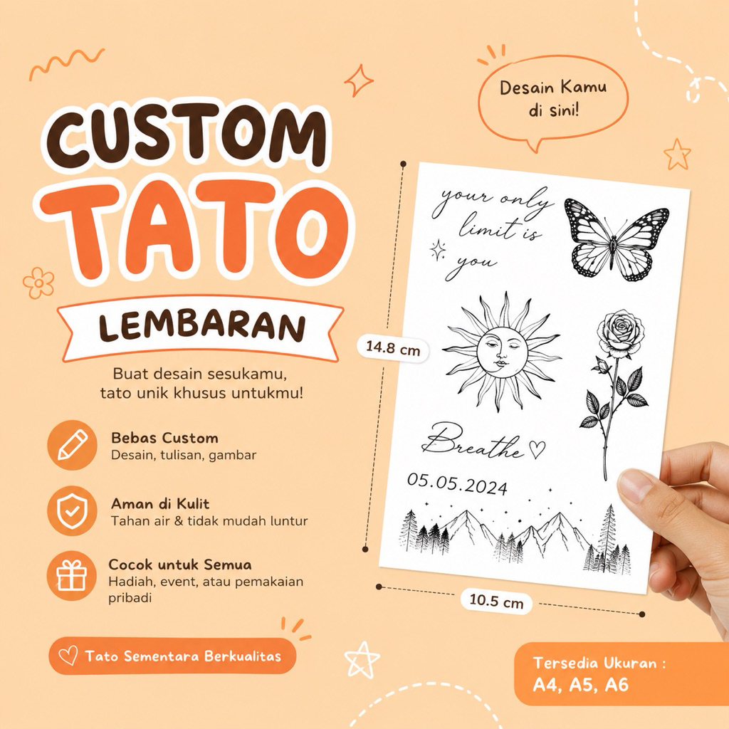 STICKY TATTOO TEMPORARY CUSTOM TATO LEMBARAN A4