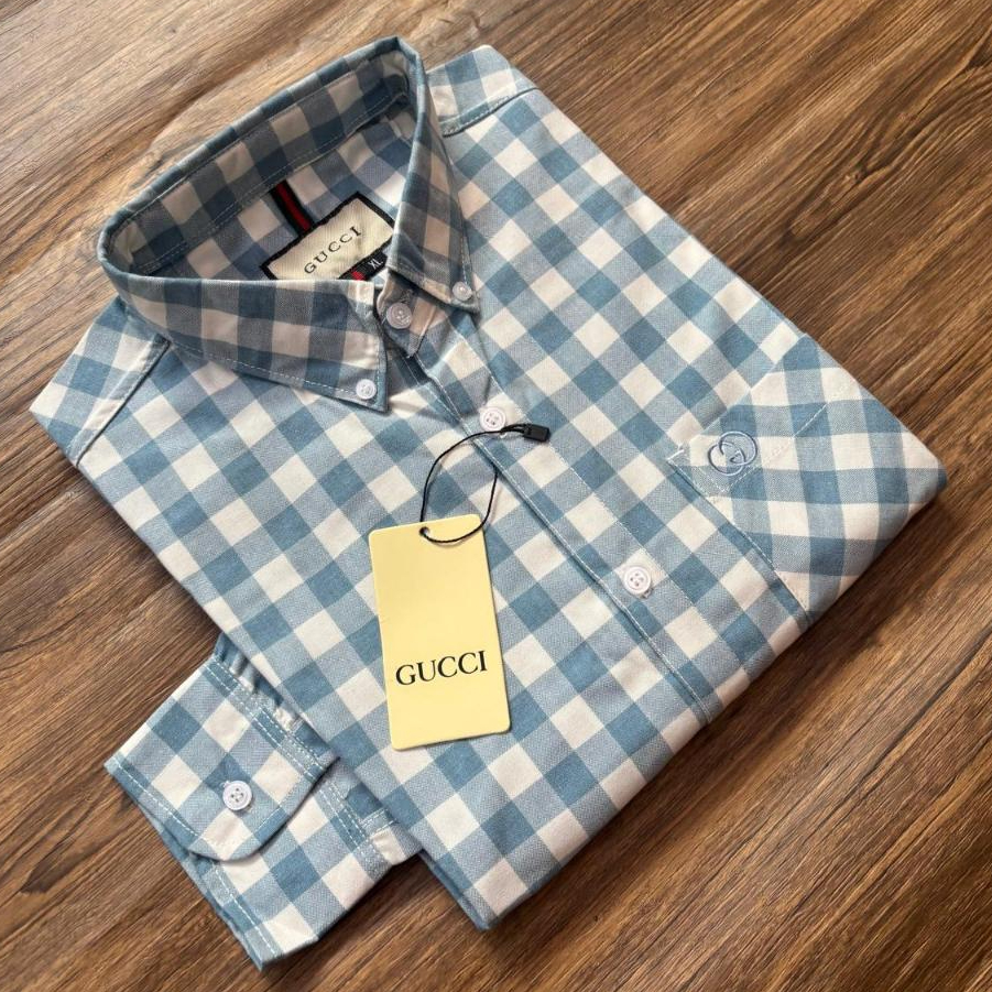 Kemeja Kotak Kotak Pria GUCCI Basic Catton Oxford Gingham Shirt - Light Blue Lengan Panjang