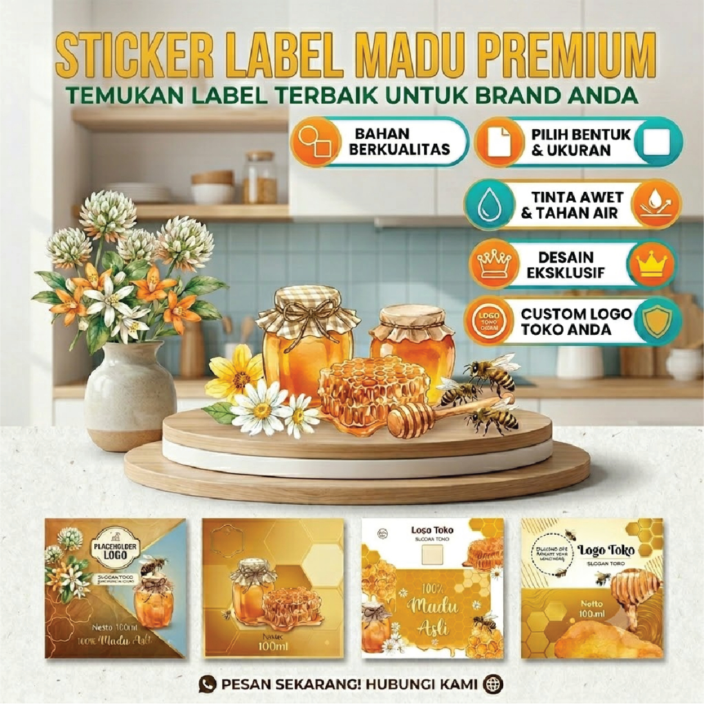 Stiker Label Kemasan Madu Custom Nama - Free Desain Bulat Kotak Cetak Sticker Botol Madu Alami Premi